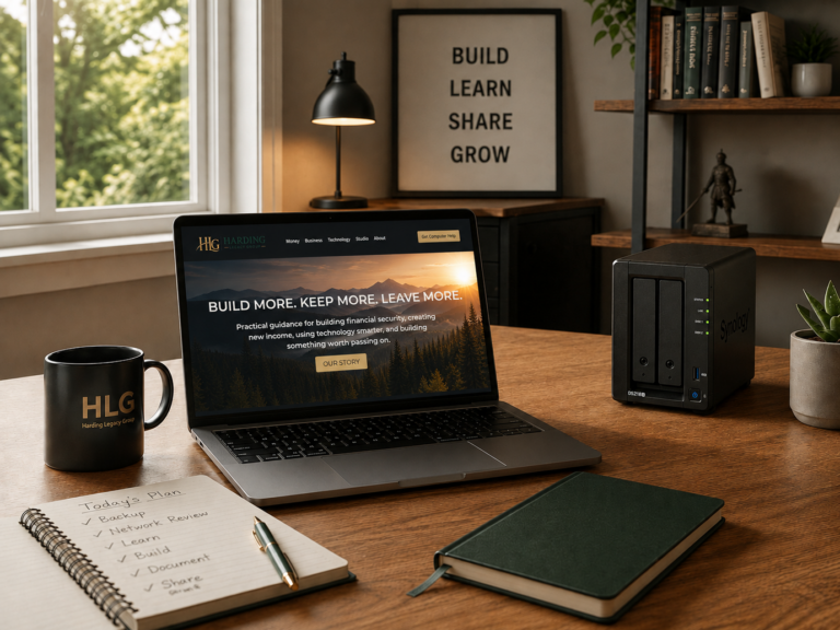 Home technology workspace with computer and network storage used to build Harding Legacy Group.