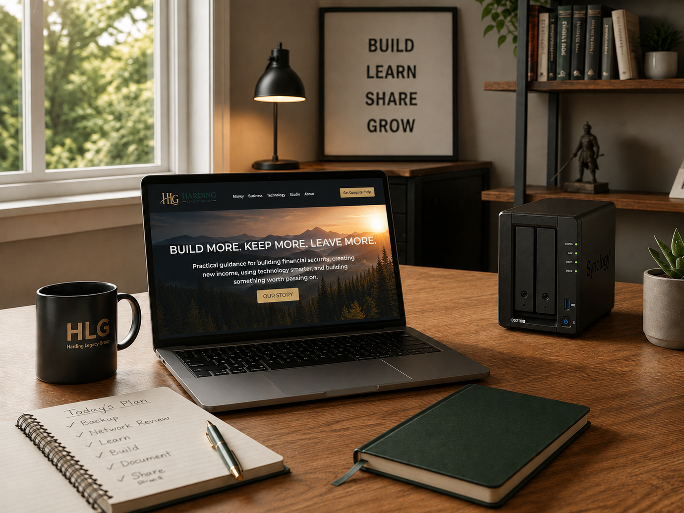Home technology workspace with computer and network storage used to build Harding Legacy Group.