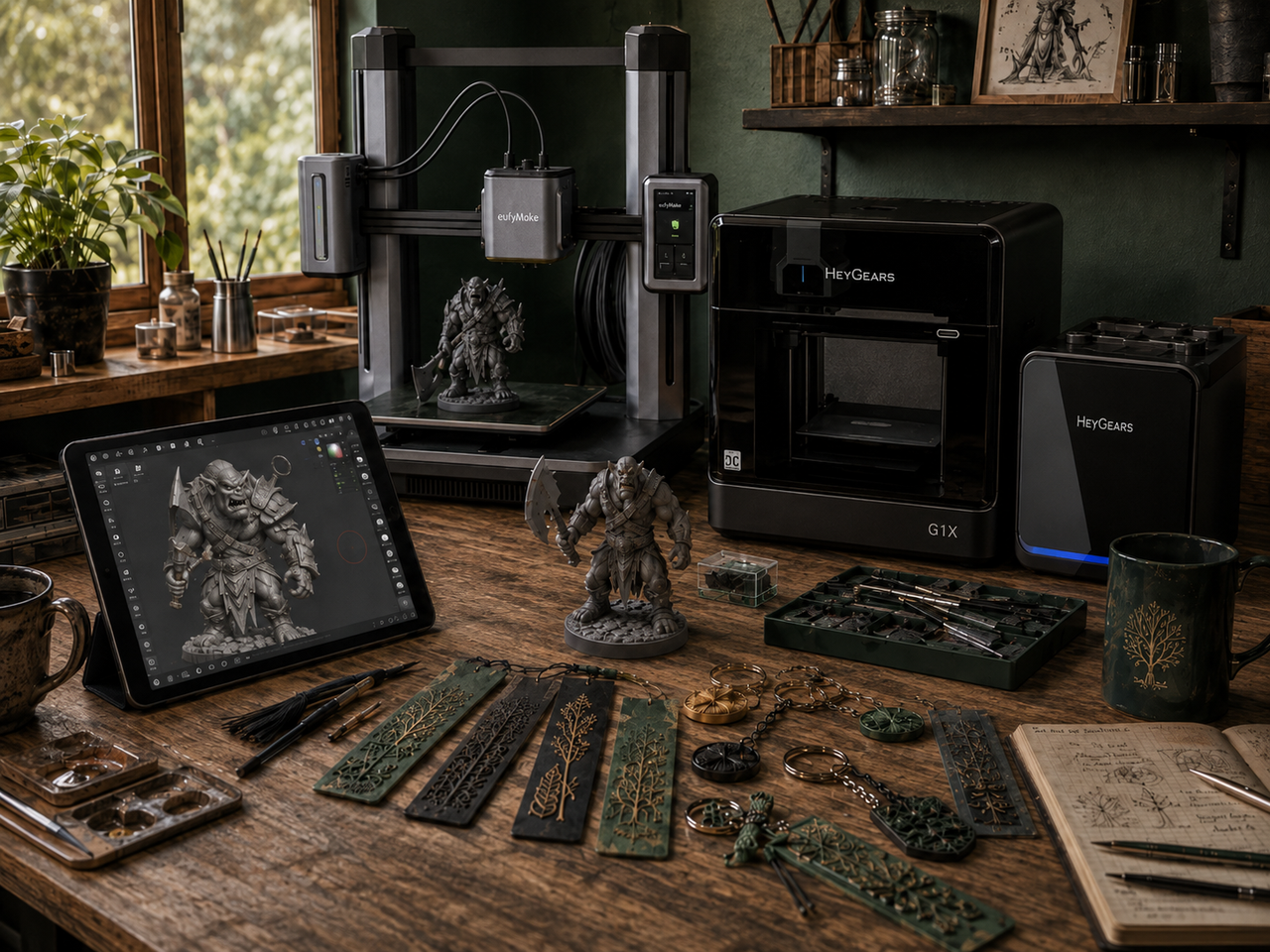 Creative workshop with 3D printing equipment, digital modeling tools, and prototype products for Harding Legacy Studio.