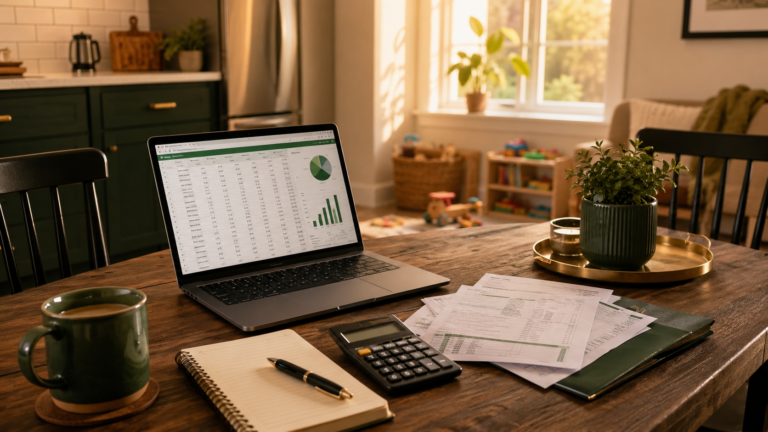 Family budgeting at a kitchen table with a laptop, notebook, calculator, household bills, and coffee mug.