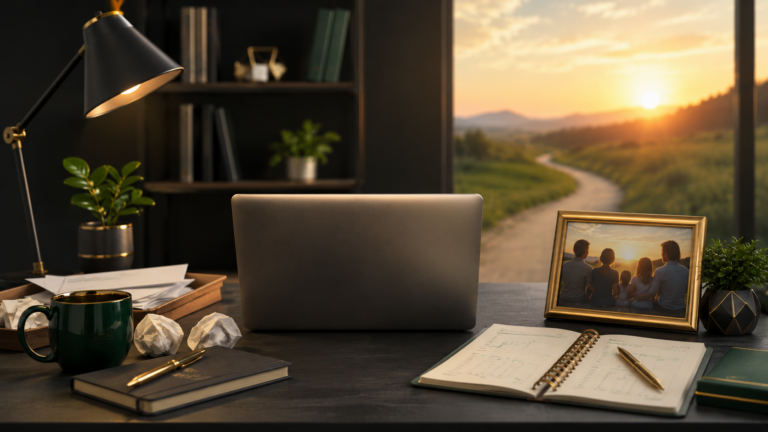Home workspace overlooking a sunrise path representing the beginning of Harding Legacy Group.